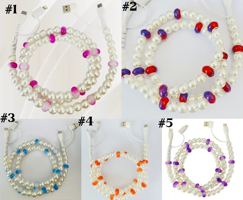 Five coiled white pearl-like phone charging cables with colorful translucent beads, labeled #1 through #5 on a white background.