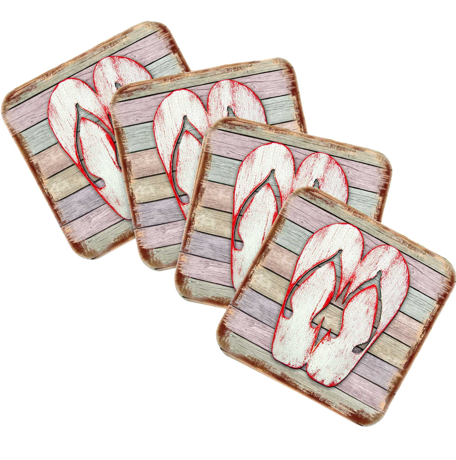 Flip Flops Coastal Wooden Cork Coasters Gift Set of 4 by Nature Wonders - Coastal Sea-Life Decor - 8198523-9C-S4 Coasters