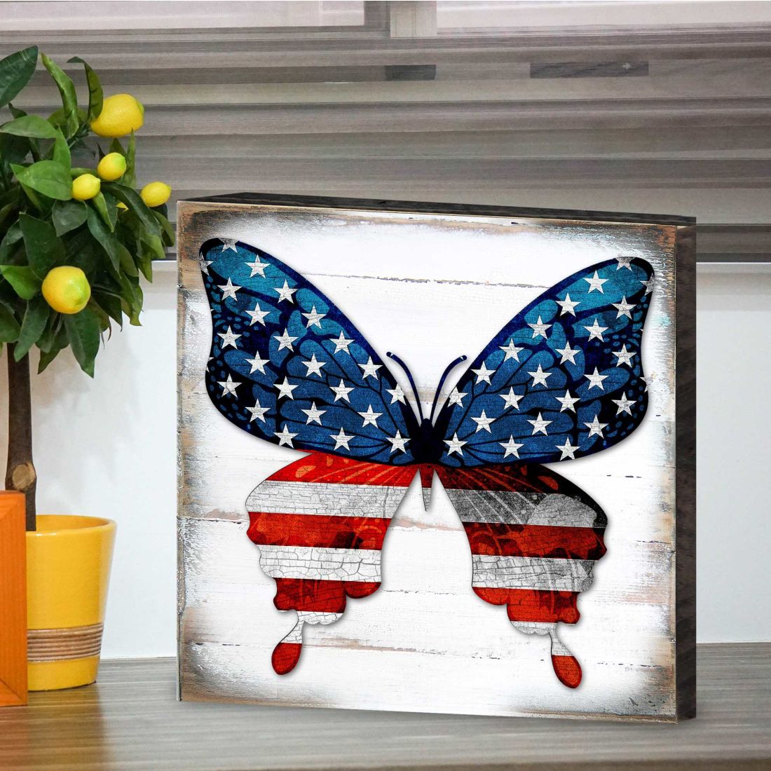 USA BUTTERFLY PATRIOTIC WALL BLOCK - AMERICAN PATRIOTIC DECOR Wall Art