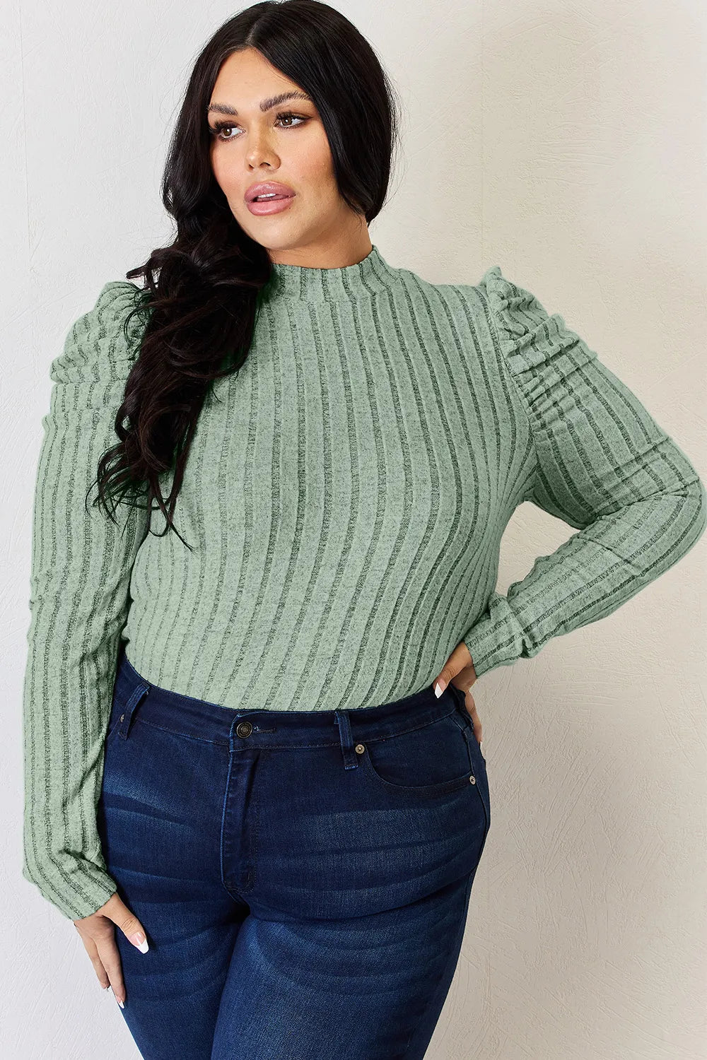 BASIC BAE RIBBED MOCK NECK PUFF SLEEVE T-SHIRT TOP