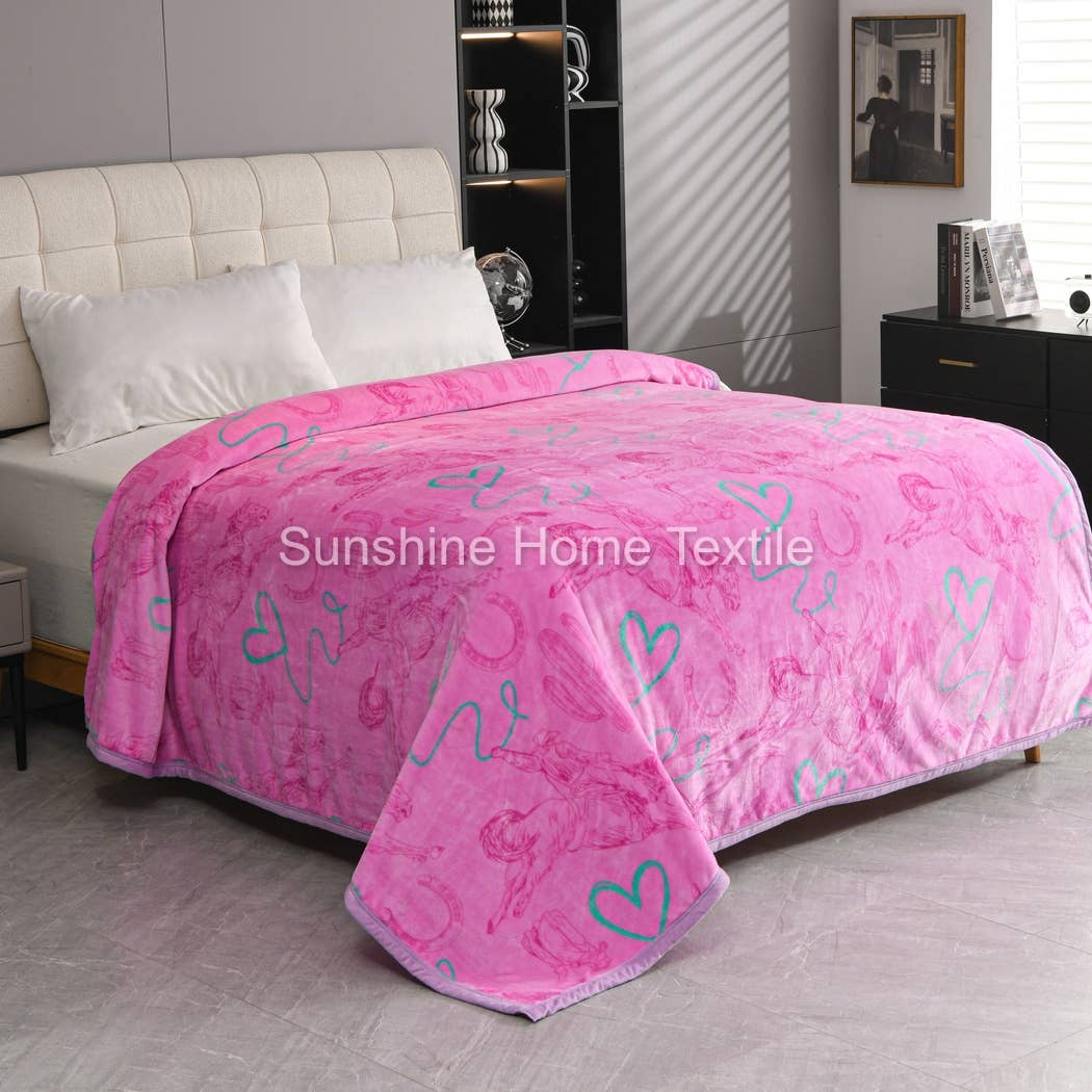HOT PINK COWBOY & HEARTS KING SIZE SUPER SOFT BLANKET 85X93"