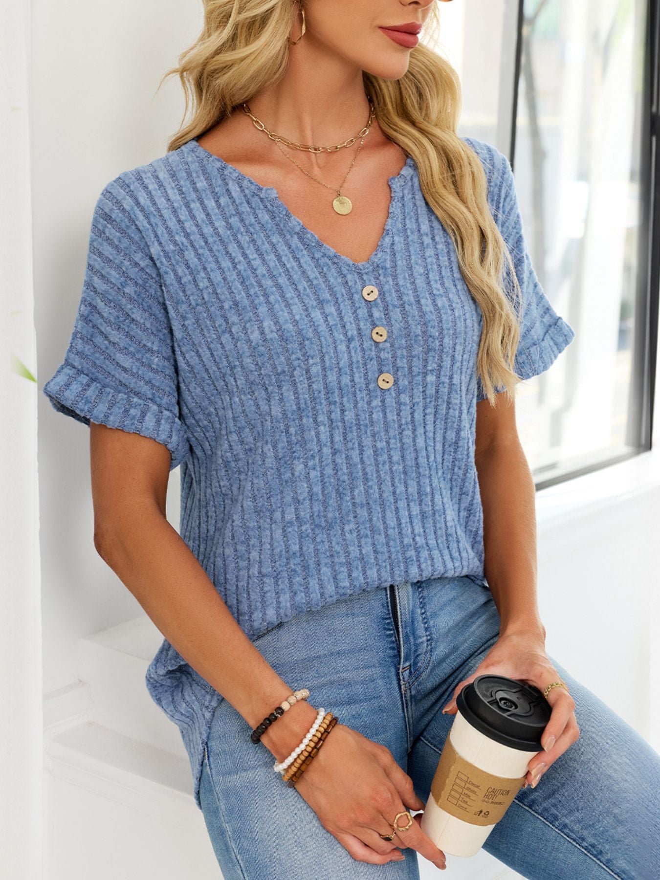 RIBBED KNIT SHORT SLEEVE T-SHIRT TOP