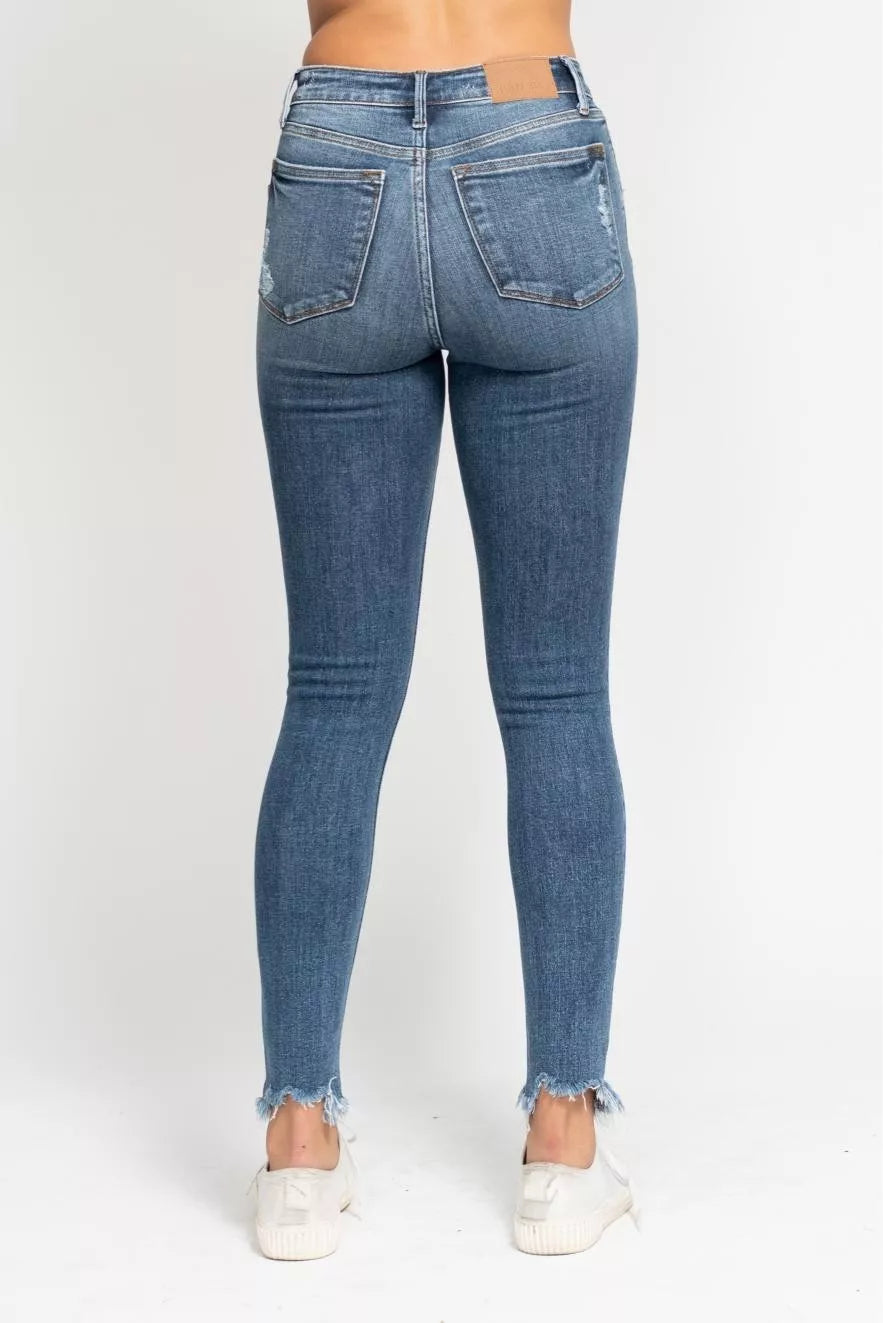 JUDY BLUE HIGH WAIST SKINNY JEANS WITH DESTROY AND SHARK BIT HEM Judy Blue Denim
