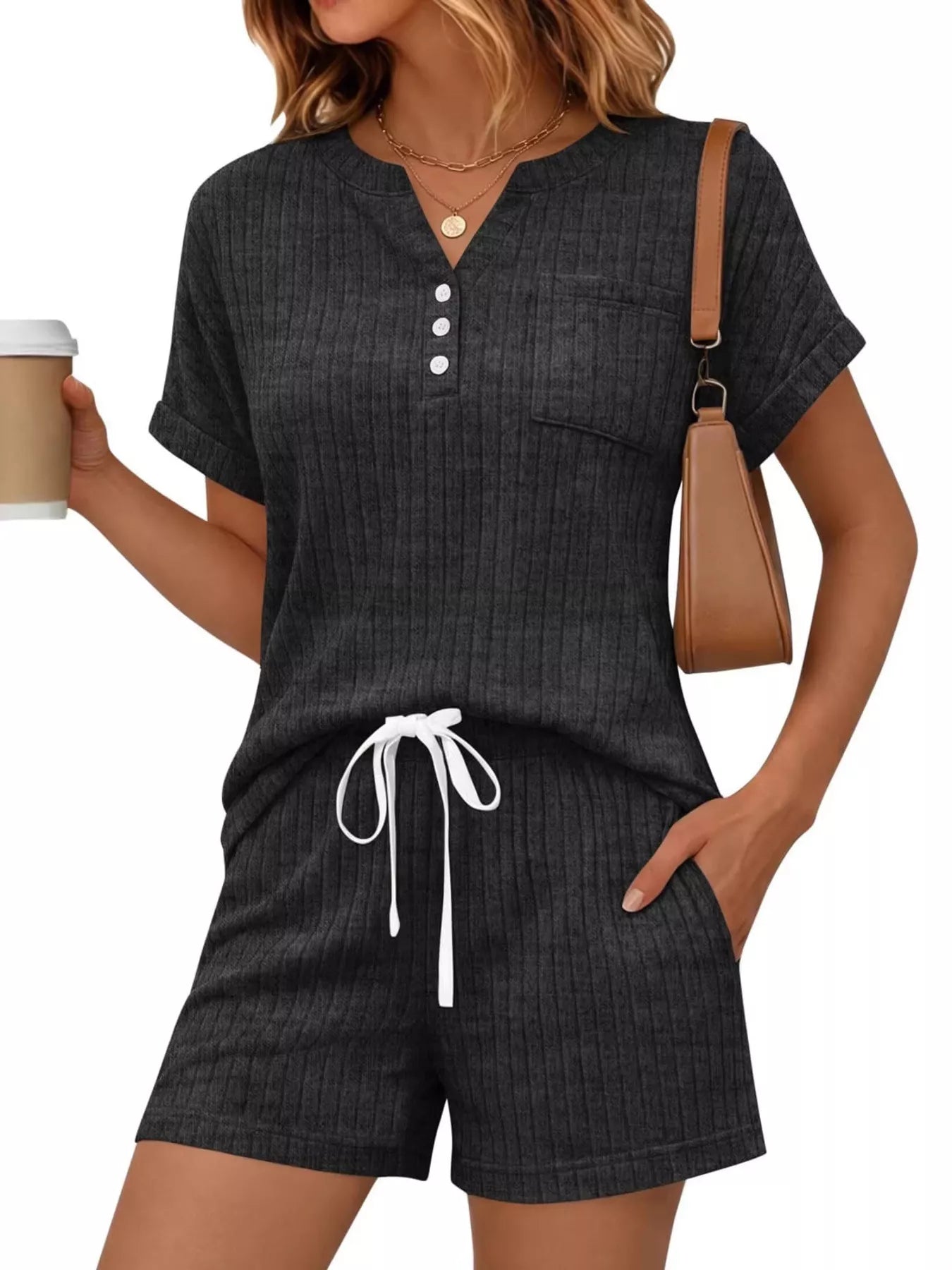 Casual Ribbed Knit Tee and Shorts Set