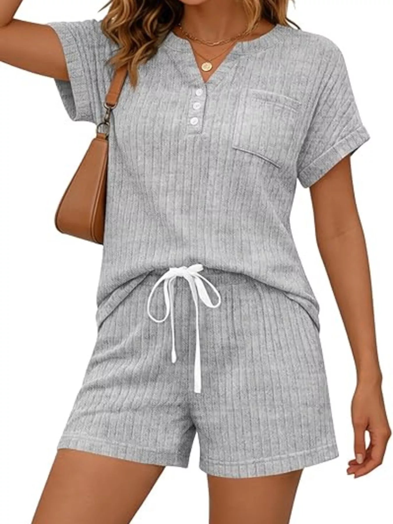Casual Ribbed Knit Tee and Shorts Set