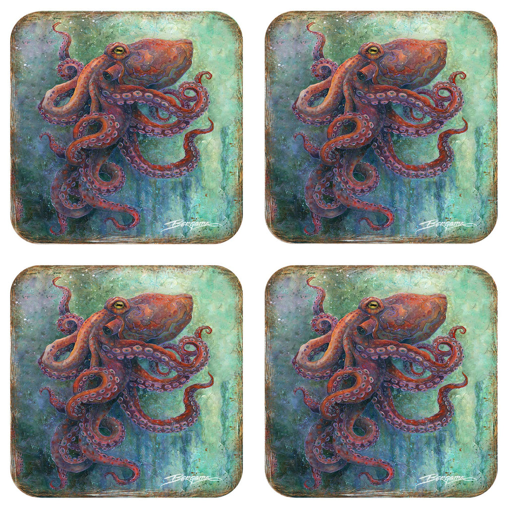 Octopus Wooden Cork Coasters Gift Set of 4 by J. Bergsma - Coastal Decor - 8199459C-S4 Coasters