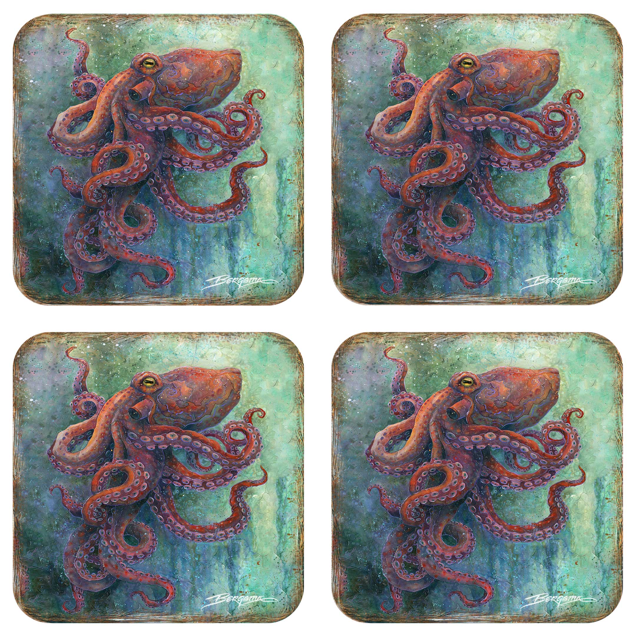 Octopus Wooden Cork Coasters Gift Set of 4 by J. Bergsma - Coastal Decor - 8199459C-S4 Coasters
