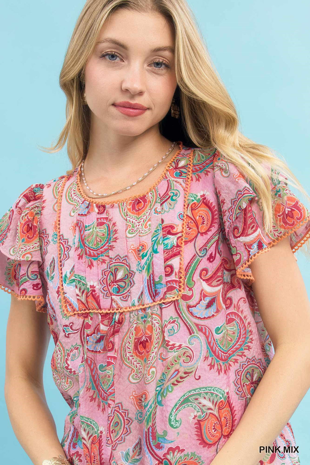 UMGEE MIX PAISLEY RUFFLE SLEEVE TOP Tops