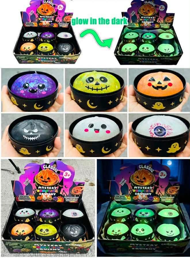 A collage showing Halloween-themed glow-in-the-dark mystery cauldron dumplings. The product includes multiple cauldrons in different colors (purple, green, orange, black, white) with spooky faces, shown both inside their retail packaging and held in hands to demonstrate the glow effect.