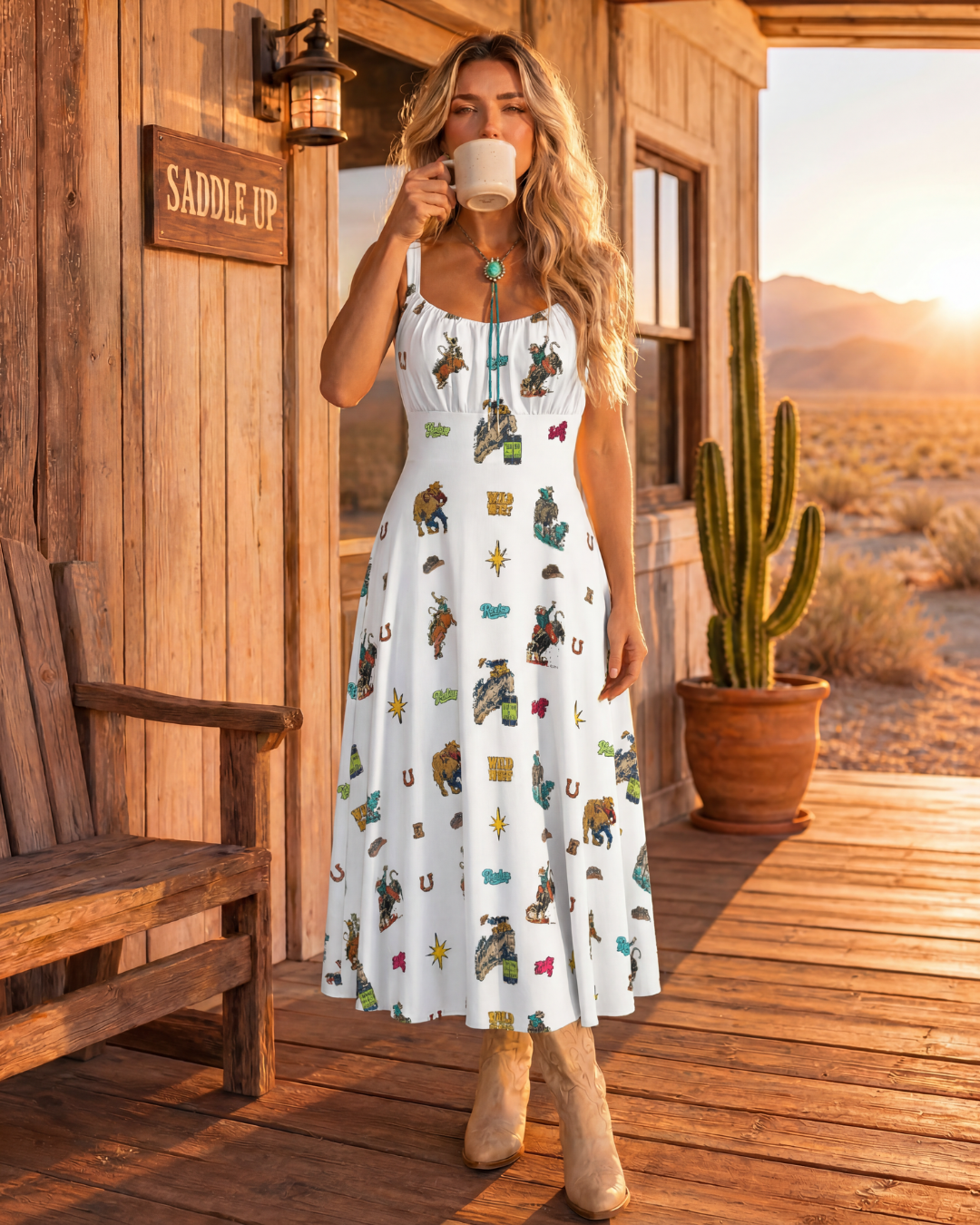 Baha Ranch The Last Roundup Western Rodeo Prairie Dress in White Dresses