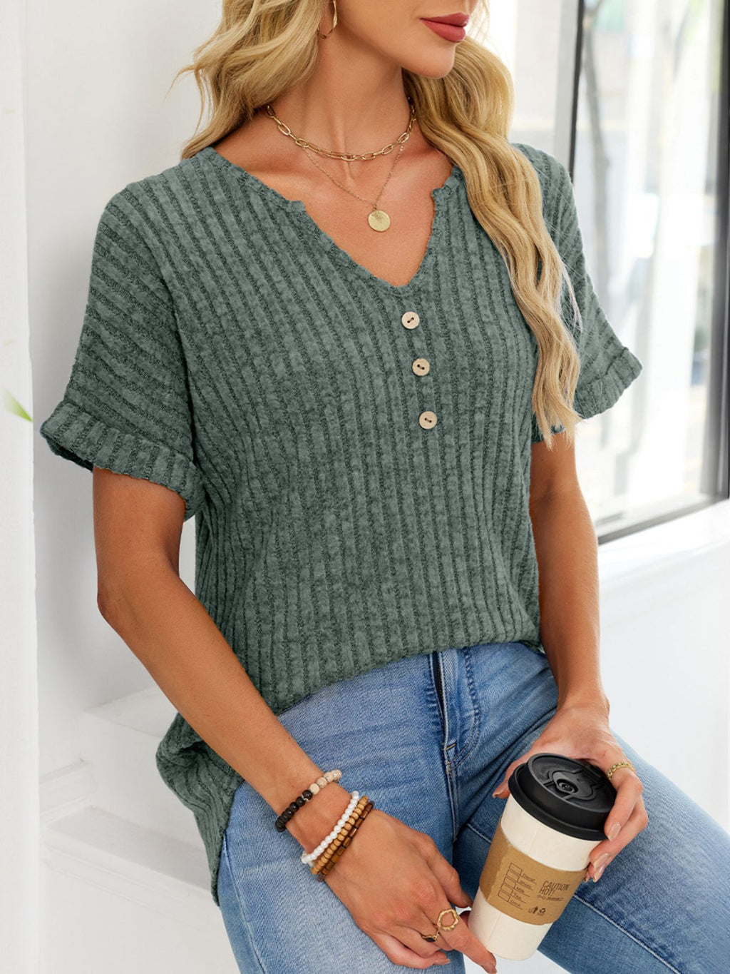 RIBBED KNIT SHORT SLEEVE T-SHIRT TOP