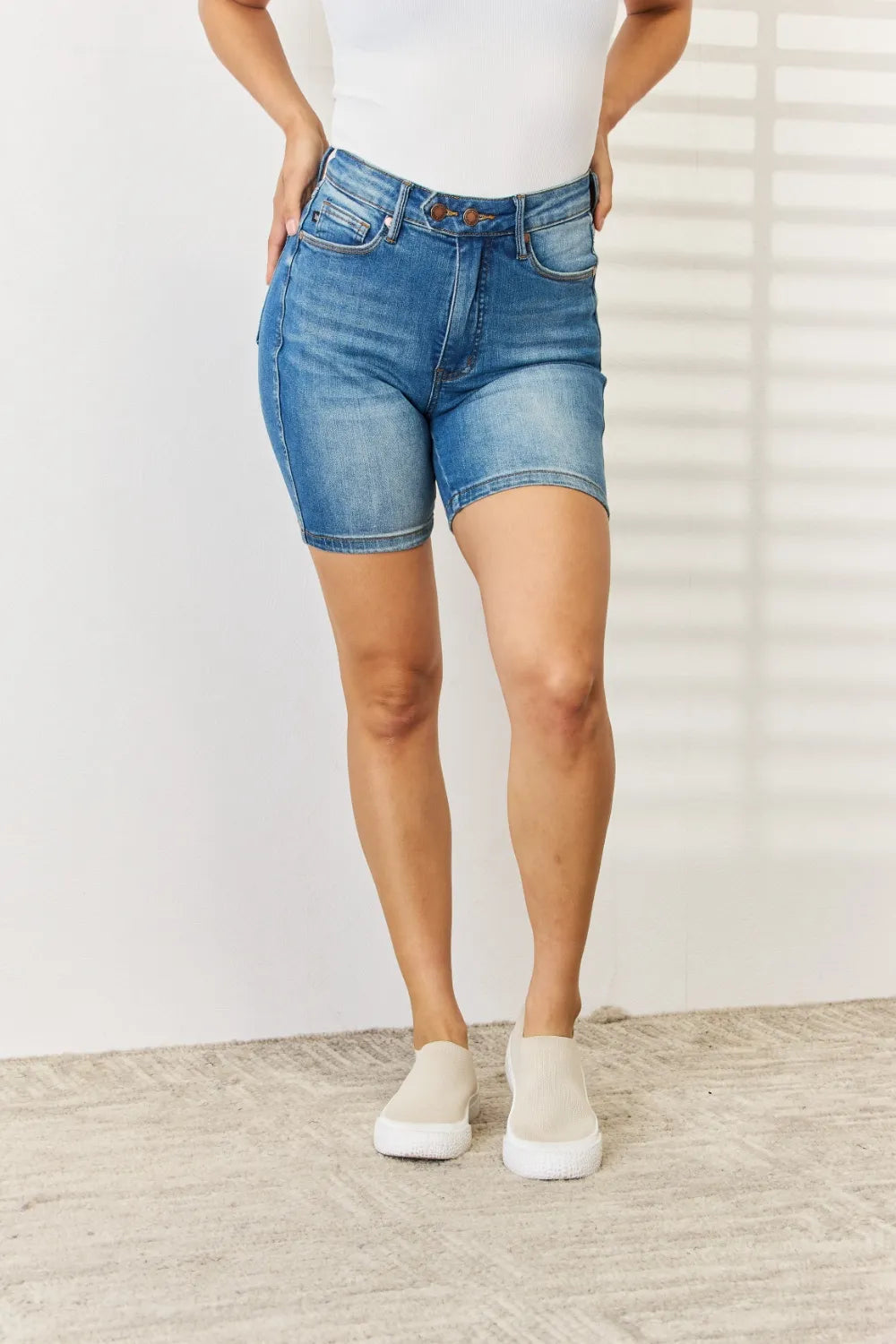 JUDY BLUE TUMMY CONTROL DOUBLE BUTTON BERMUDA DENIM SHORTS Judy Blue Denim