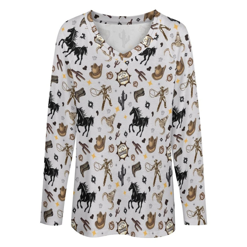 Baha Ranch Western Print Long Sleeve Top Fashion Top