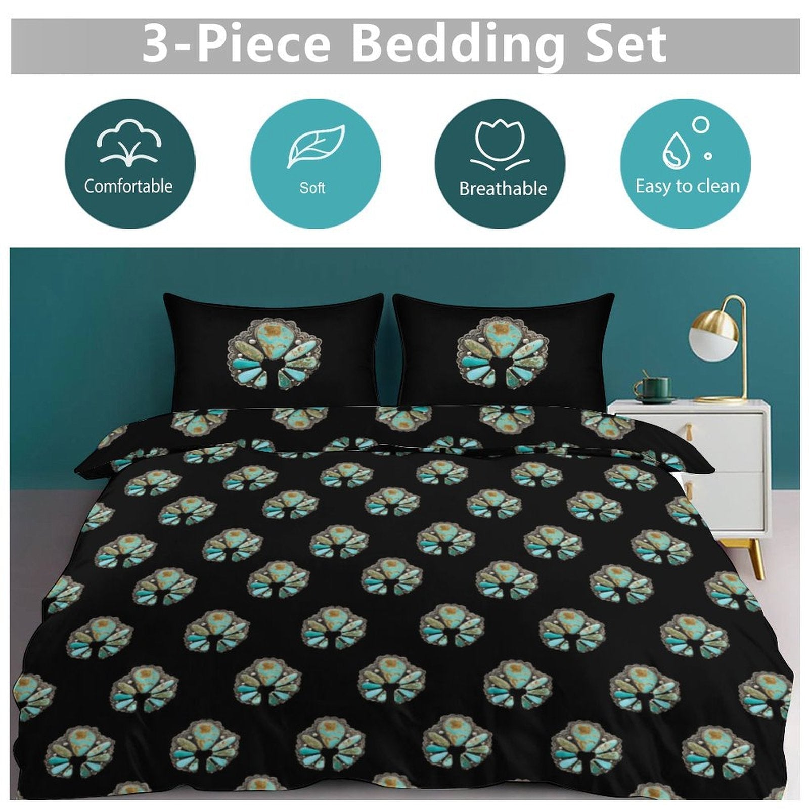 Baha Ranch Turquoise Naja Design 3-Piece Bedding Set (1 Duvet Cover + 2 Pillow Shams) – 102"×90" Bedding Sets