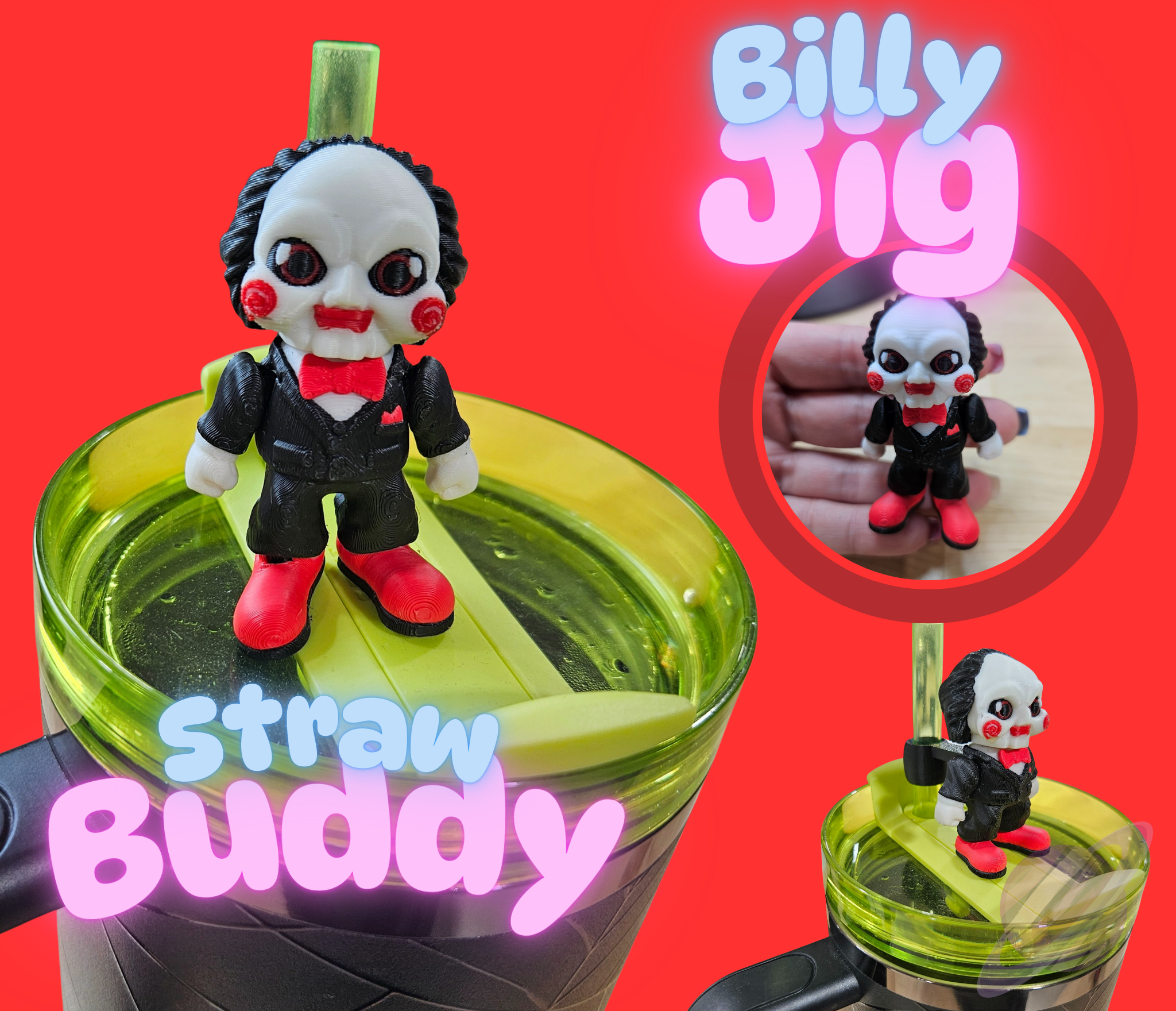 Toy figure on a straw with 'straw Buddy' text, against a red background with 'Billy Jig' branding.