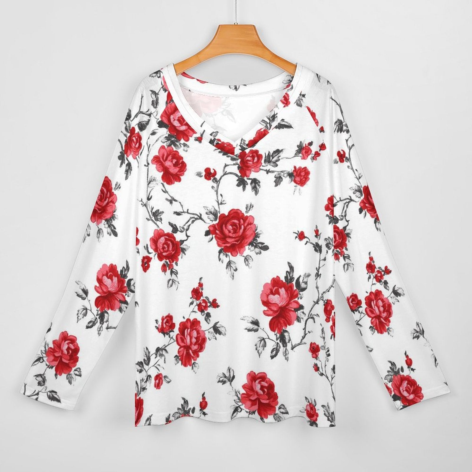 Baha Ranch Colores de Mexico Red Rose Floral Long Sleeve Top All Over Print Shirt