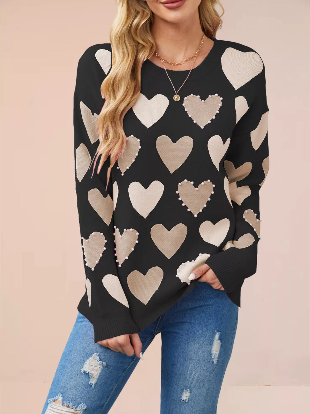 HEART PATTERN BEADED ROUND NECK SWEATER Sweaters