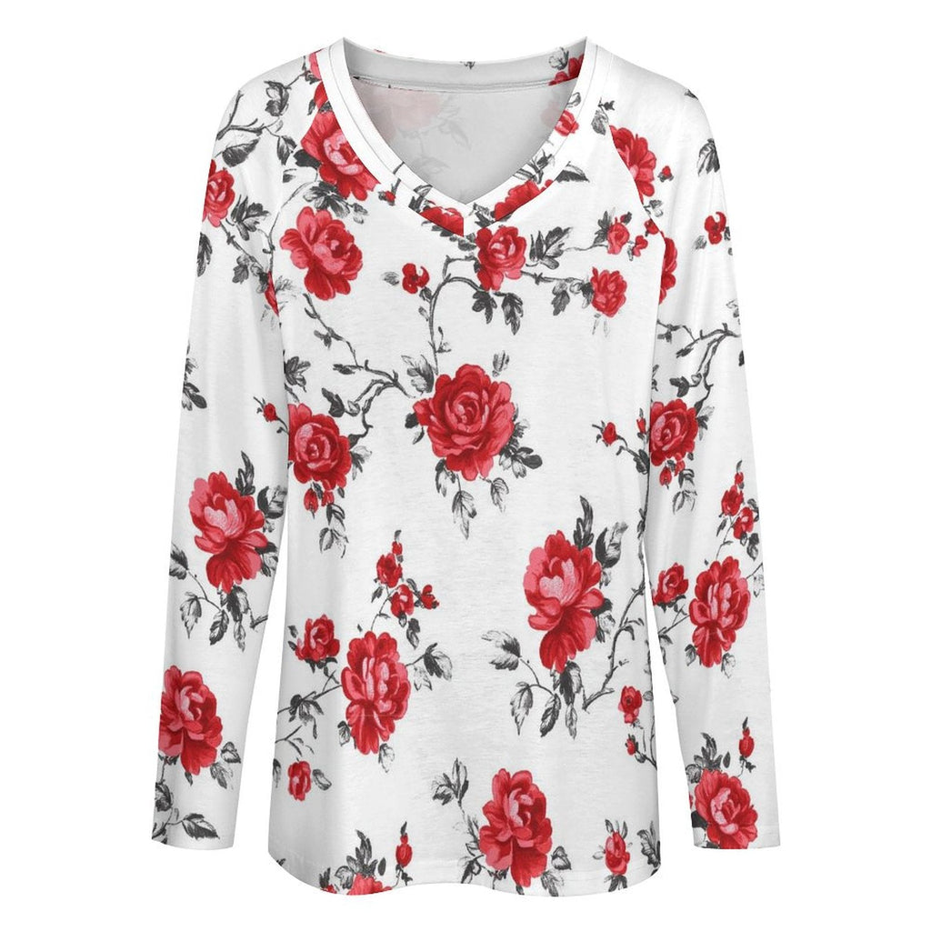 Baha Ranch Colores de Mexico Red Rose Floral Long Sleeve Top All Over Print Shirt