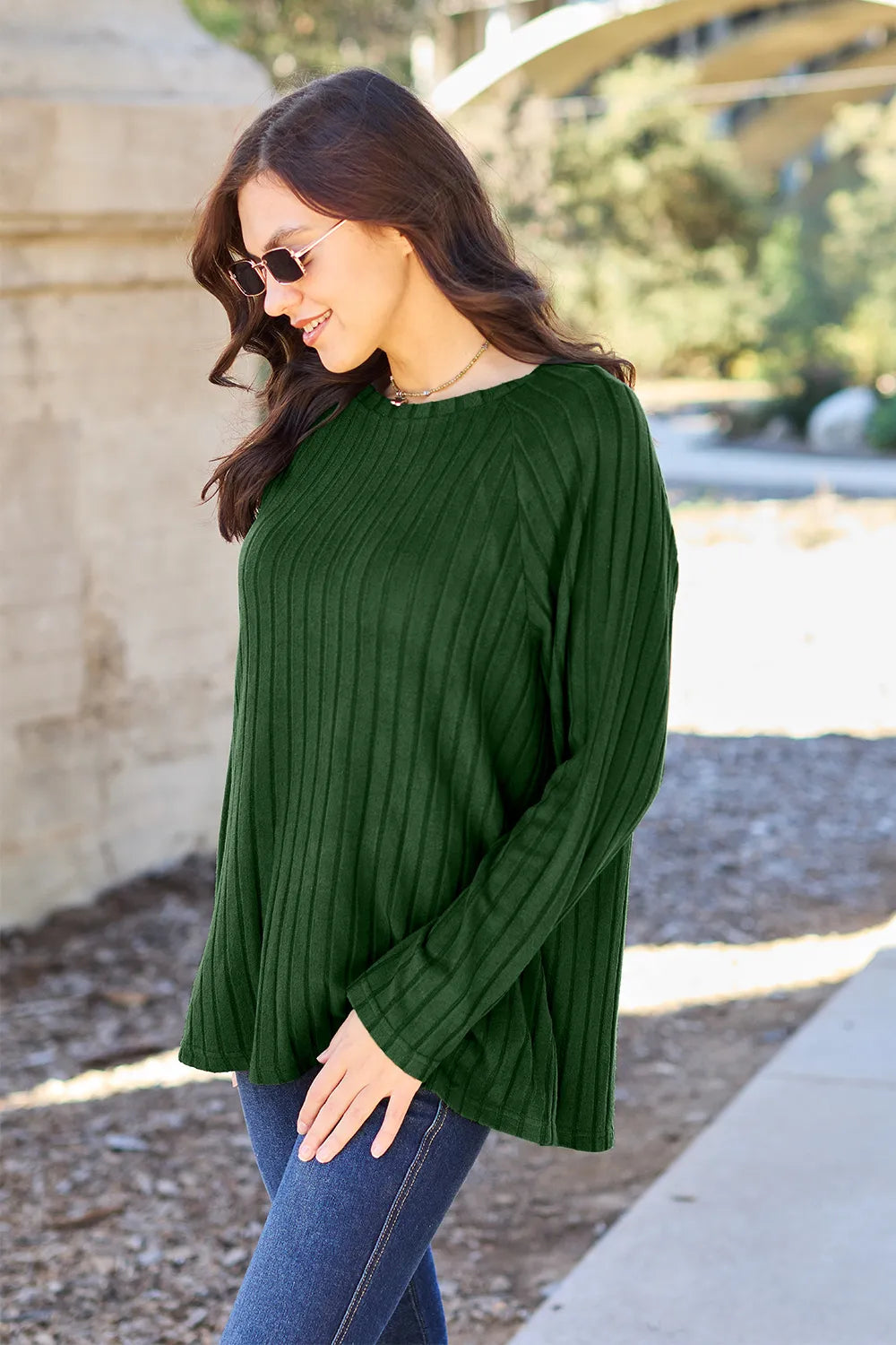 BASIC BAE RIBBED ROUND NECK LONG SLEEVE KNIT TOP Long Sleeve Top