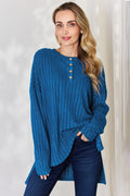 BASIC BAE RIBBED HALF BUTTON LONG SLEEVE HIGH/LOW TSHIRT - AS SEEN ON LIVE!! Long Sleeve Top