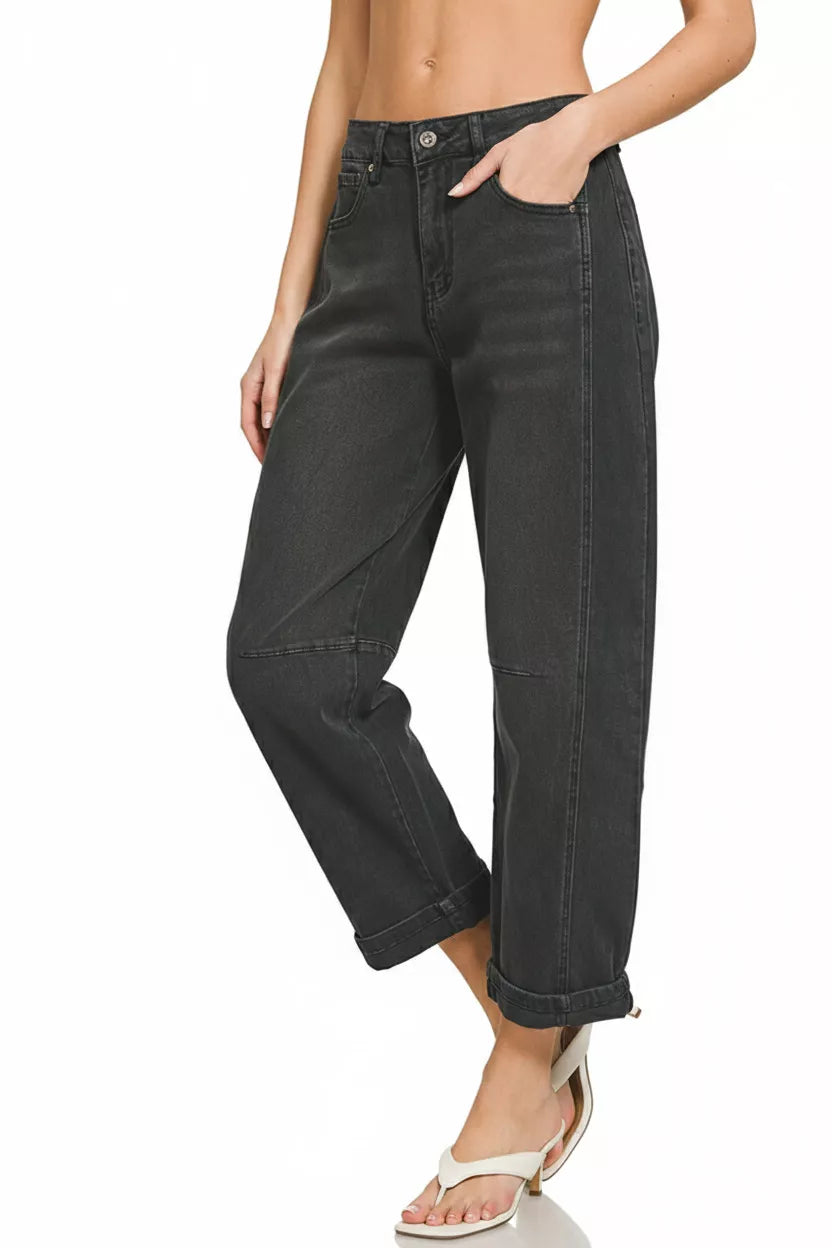ZENANA HIGH RISE BARREL-LEG CROPPED JEANS Pants