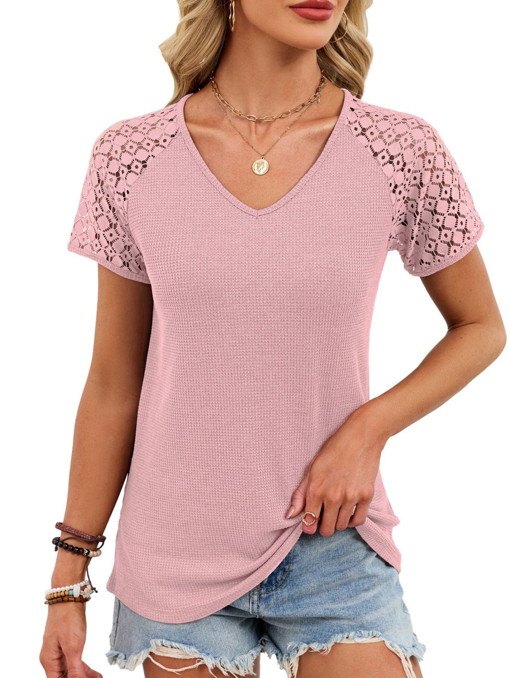 LACE SLEEVE V-NECK WAFFLE KNIT T-SHIRT Tops