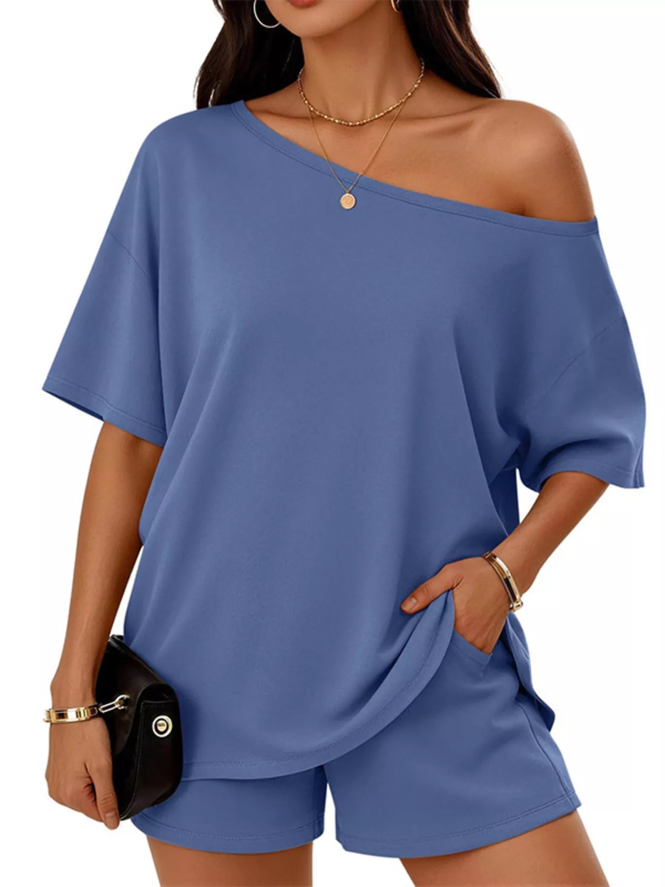 Full Size Boat Neck Tee and Shorts Set Plus Size