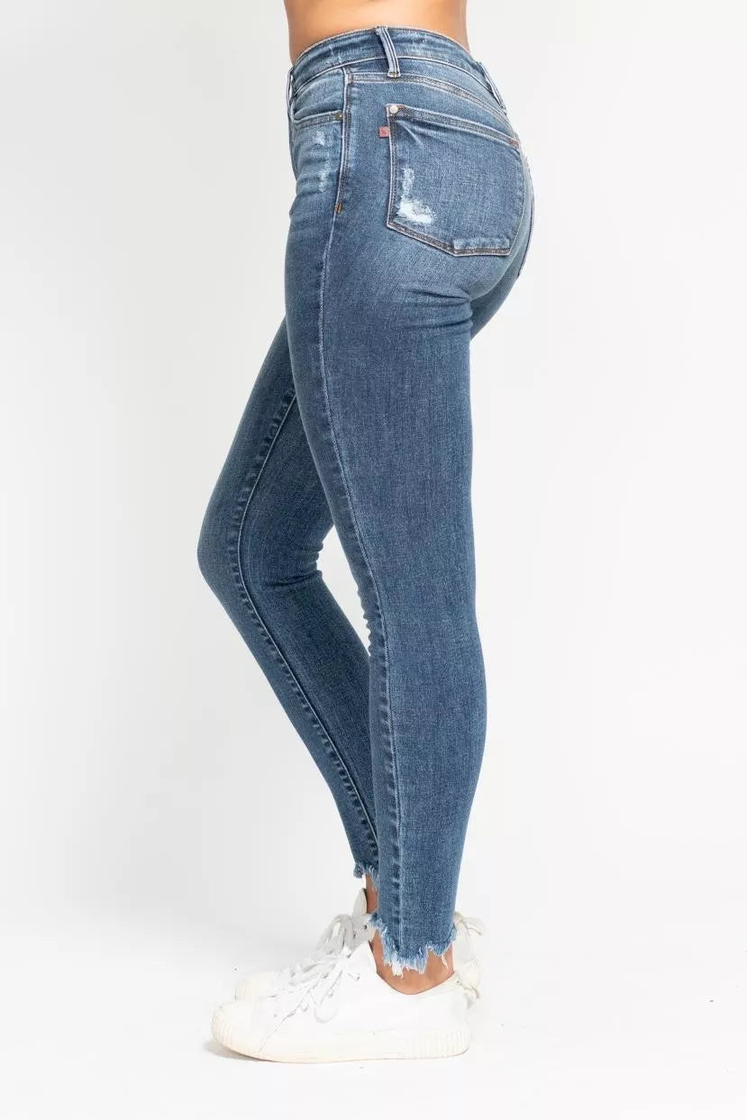 JUDY BLUE HIGH WAIST SKINNY JEANS WITH DESTROY AND SHARK BIT HEM Judy Blue Denim