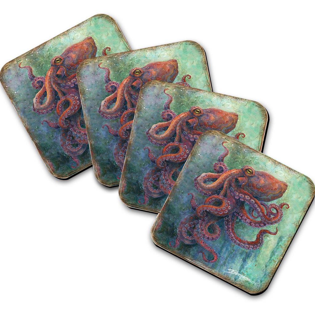 Octopus Wooden Cork Coasters Gift Set of 4 by J. Bergsma - Coastal Decor - 8199459C-S4 Coasters