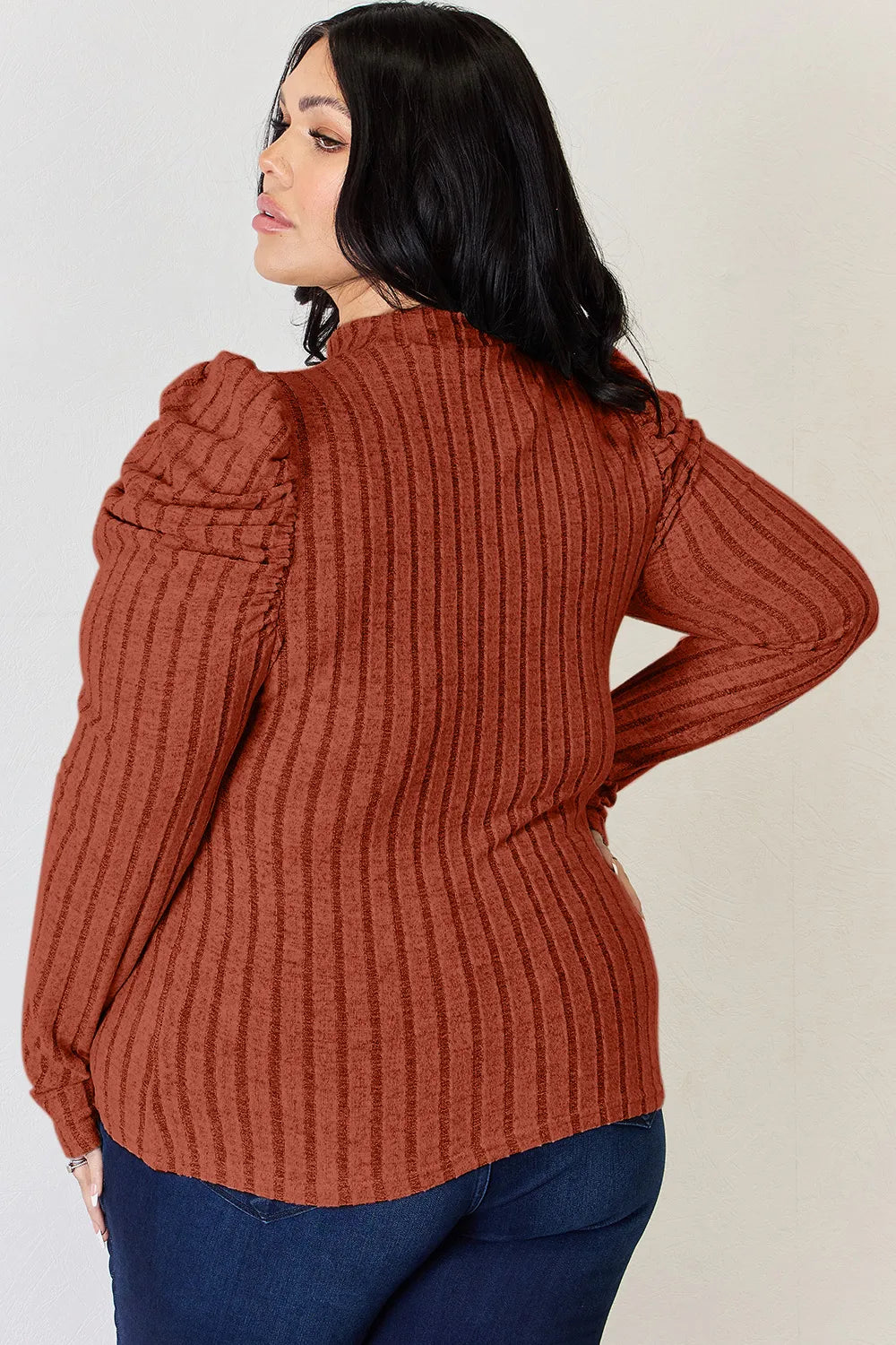 BASIC BAE RIBBED MOCK NECK PUFF SLEEVE T-SHIRT TOP