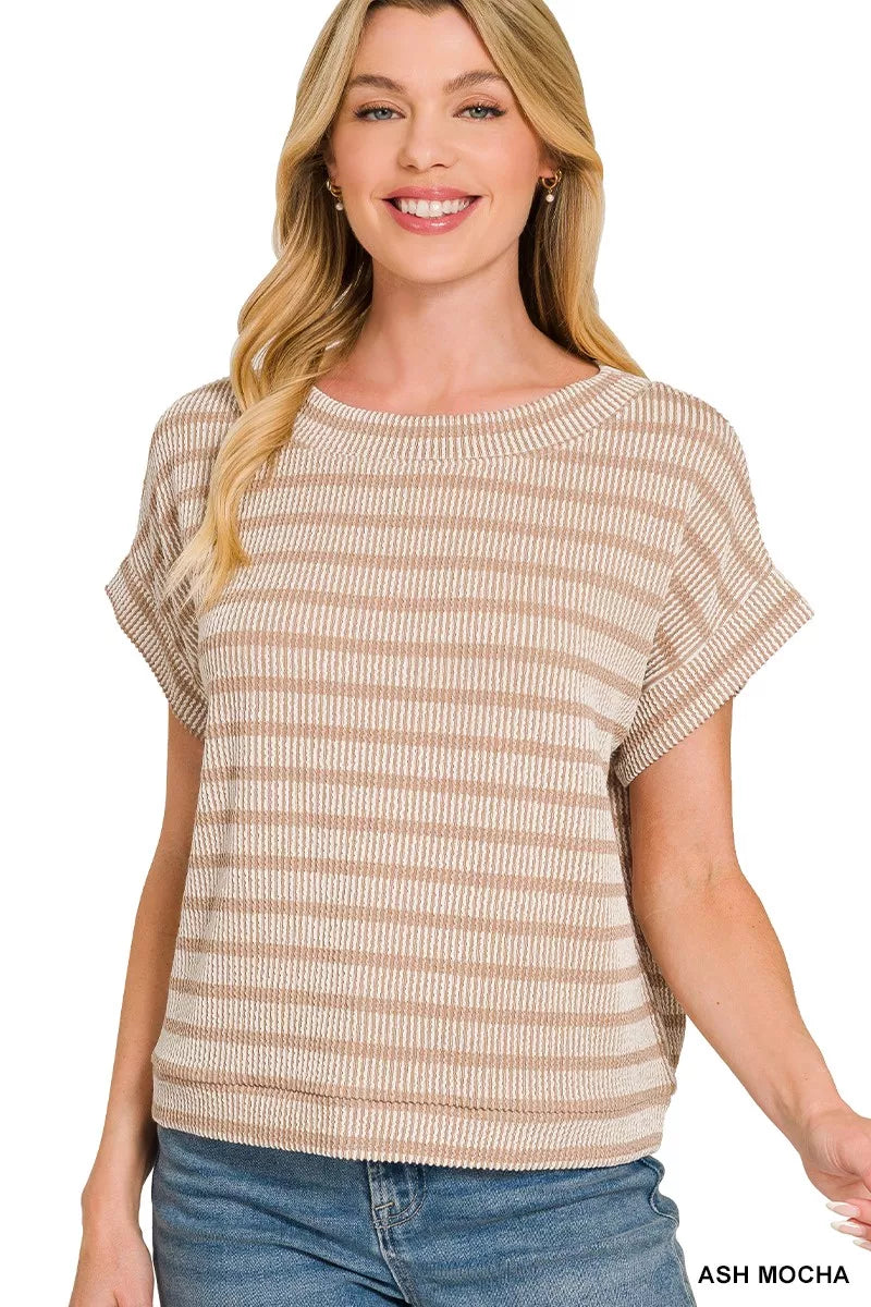 ZENANA RAISED RIB STRIPED TOP SHIRT