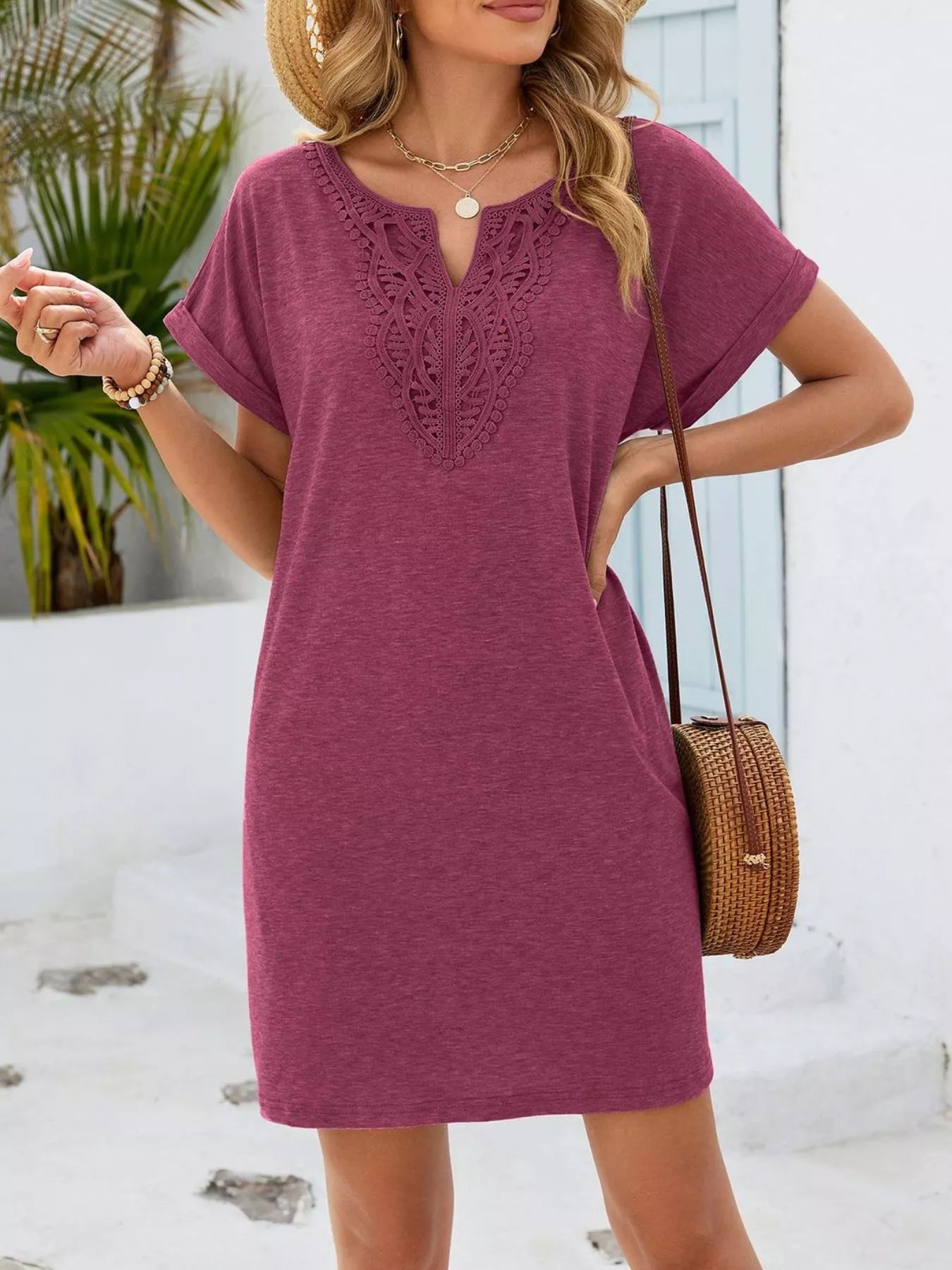 Lace Trim Notched Short Sleeve Dress
