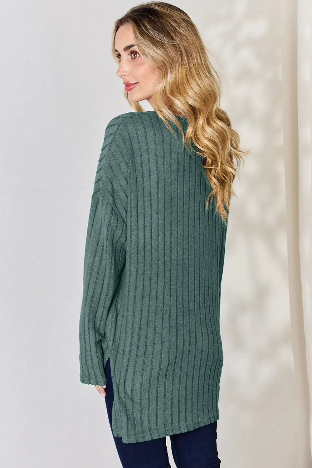 BASIC BAE RIBBED HALF BUTTON LONG SLEEVE HIGH/LOW TSHIRT - AS SEEN ON LIVE!! Long Sleeve Top