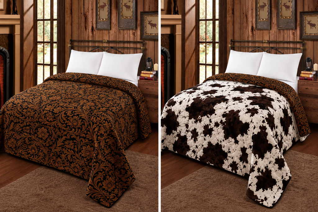 BROWN FLORAL AND COW PRINT REVERSIBLE OVERSIZED KING BLANKET Blanket