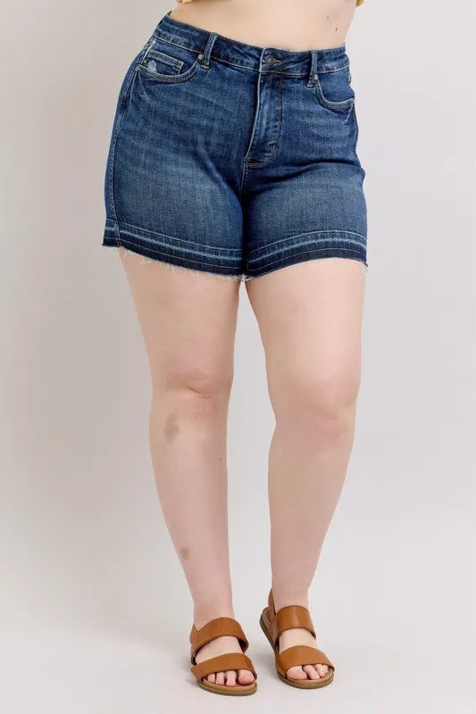 Judy Blue Plus Size HW Tummy Control Destroy Release Hem Denim Shorts