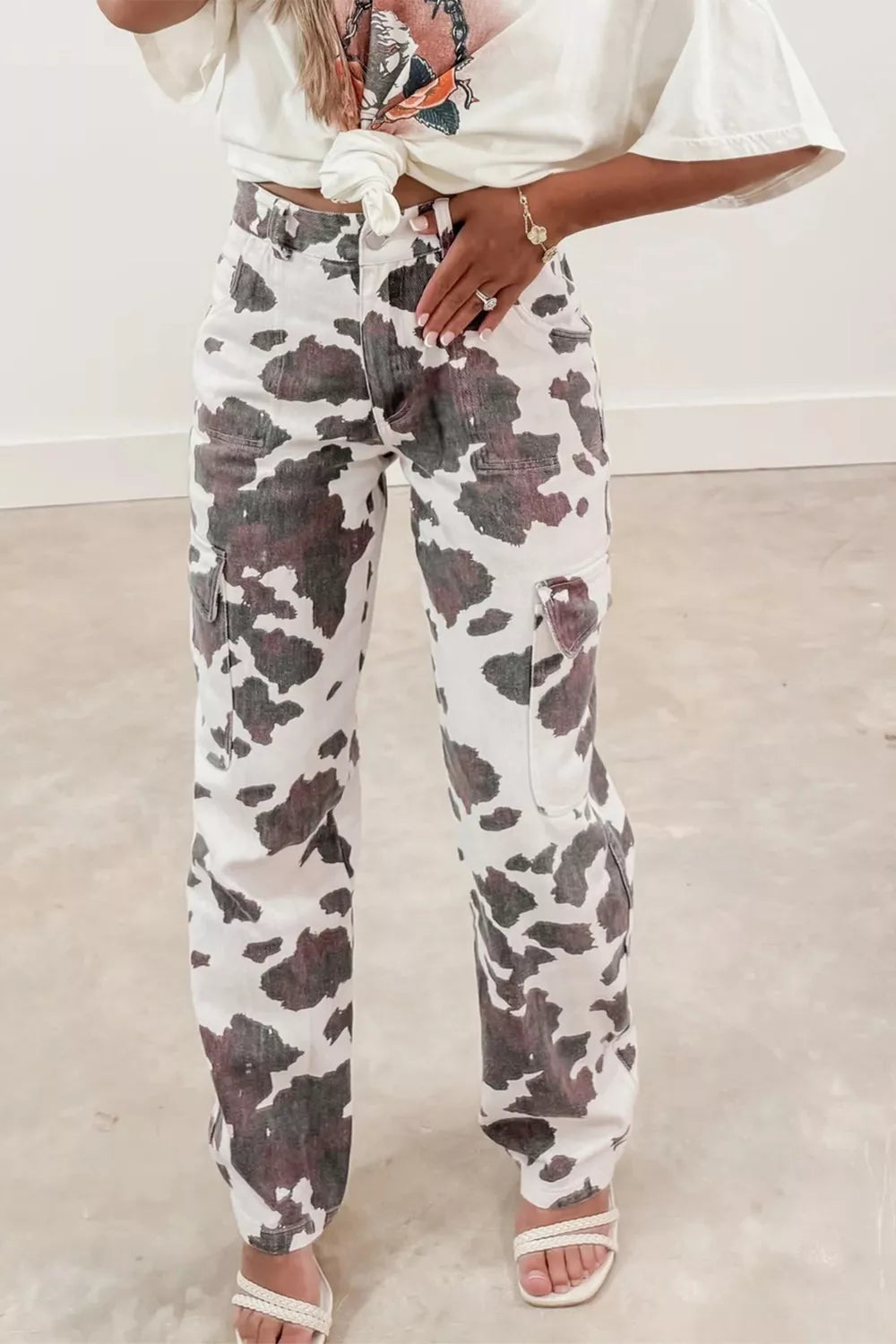 denim pants in cow print brown and black