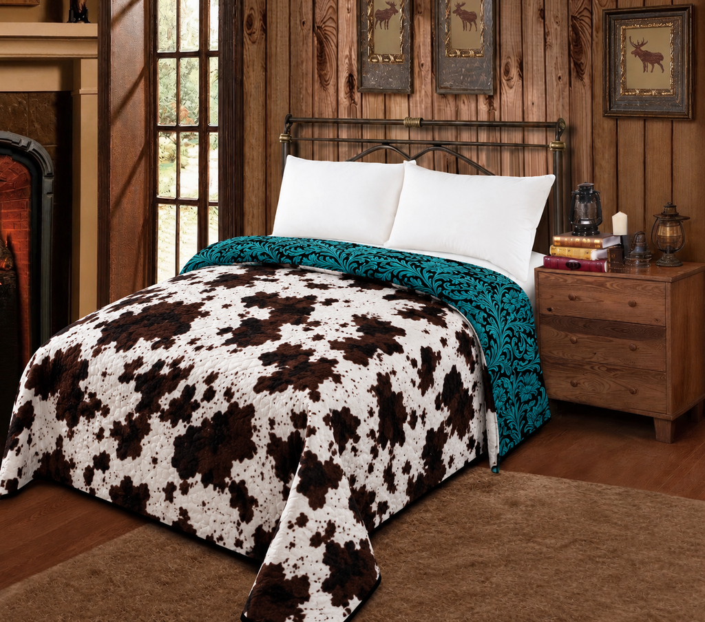 TURQUOISE FLORAL WITH COWPRINT REVERSIBLE BLANKET - OVERSIZED KING SIZE Blanket