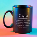 Black mug with text on a gradient background