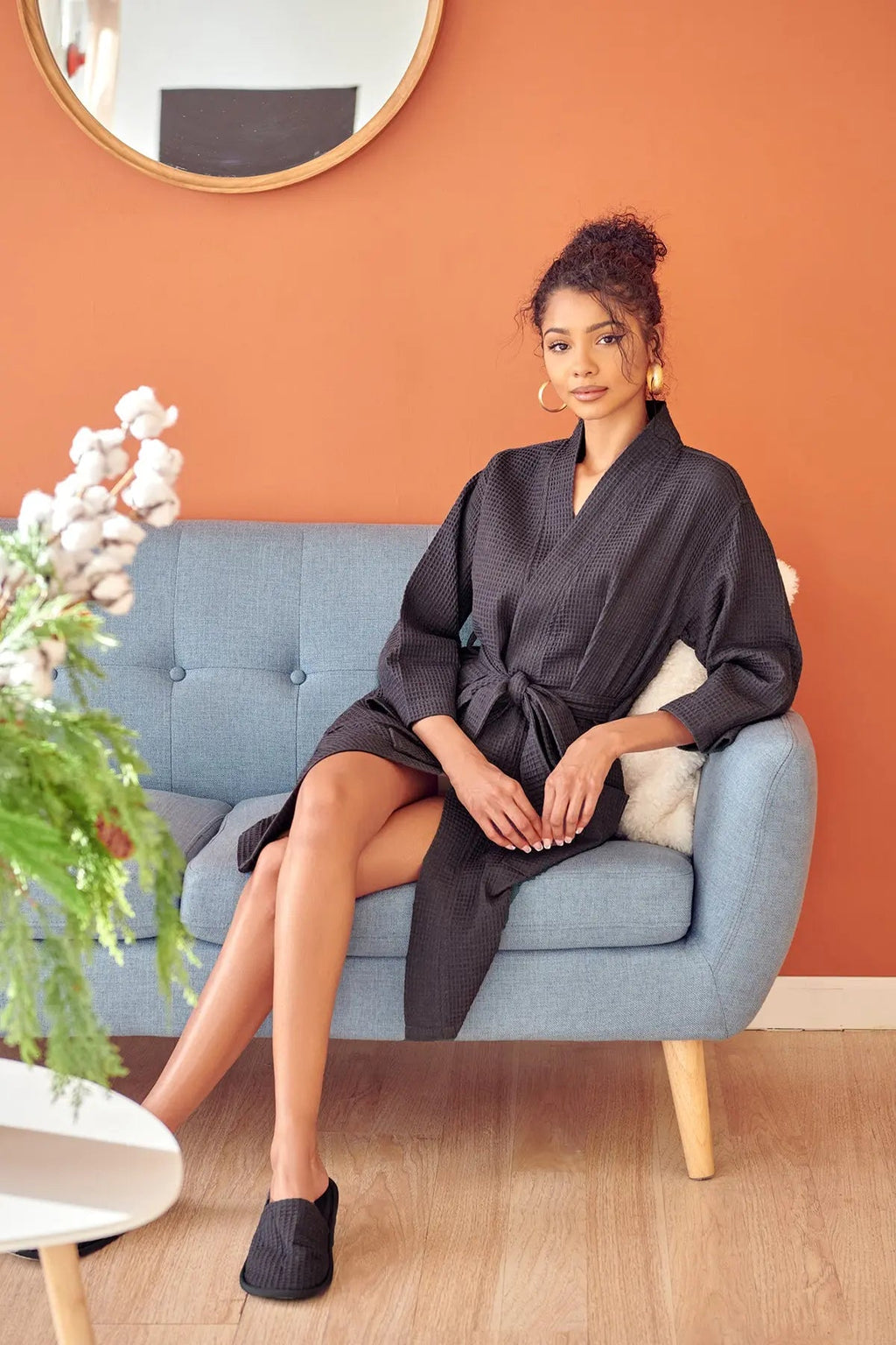 Women's Waffle Kimono Knee Length Robe