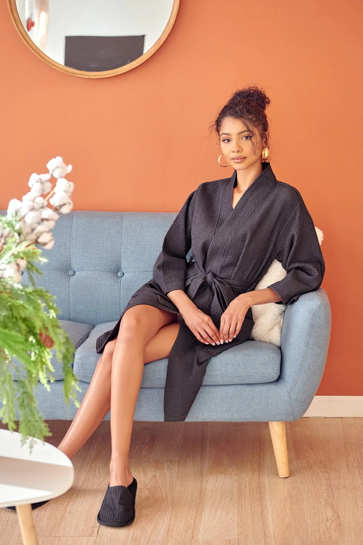 Women's Waffle Kimono Knee Length Robe