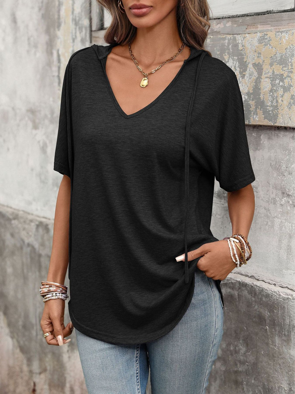 CASUAL SHORT SLEEVE HOODED T-SHIRT Tops