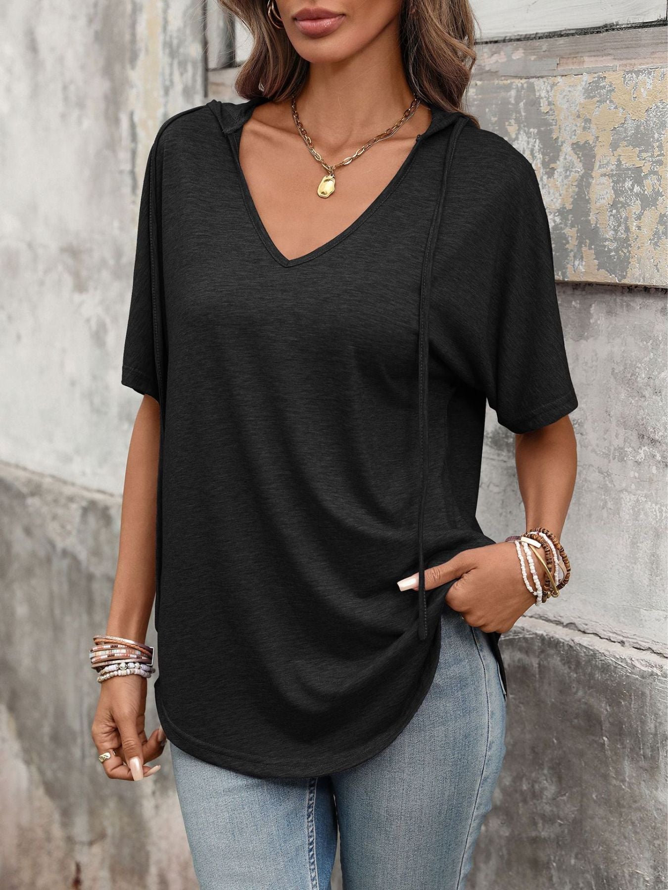 CASUAL SHORT SLEEVE HOODED T-SHIRT Tops