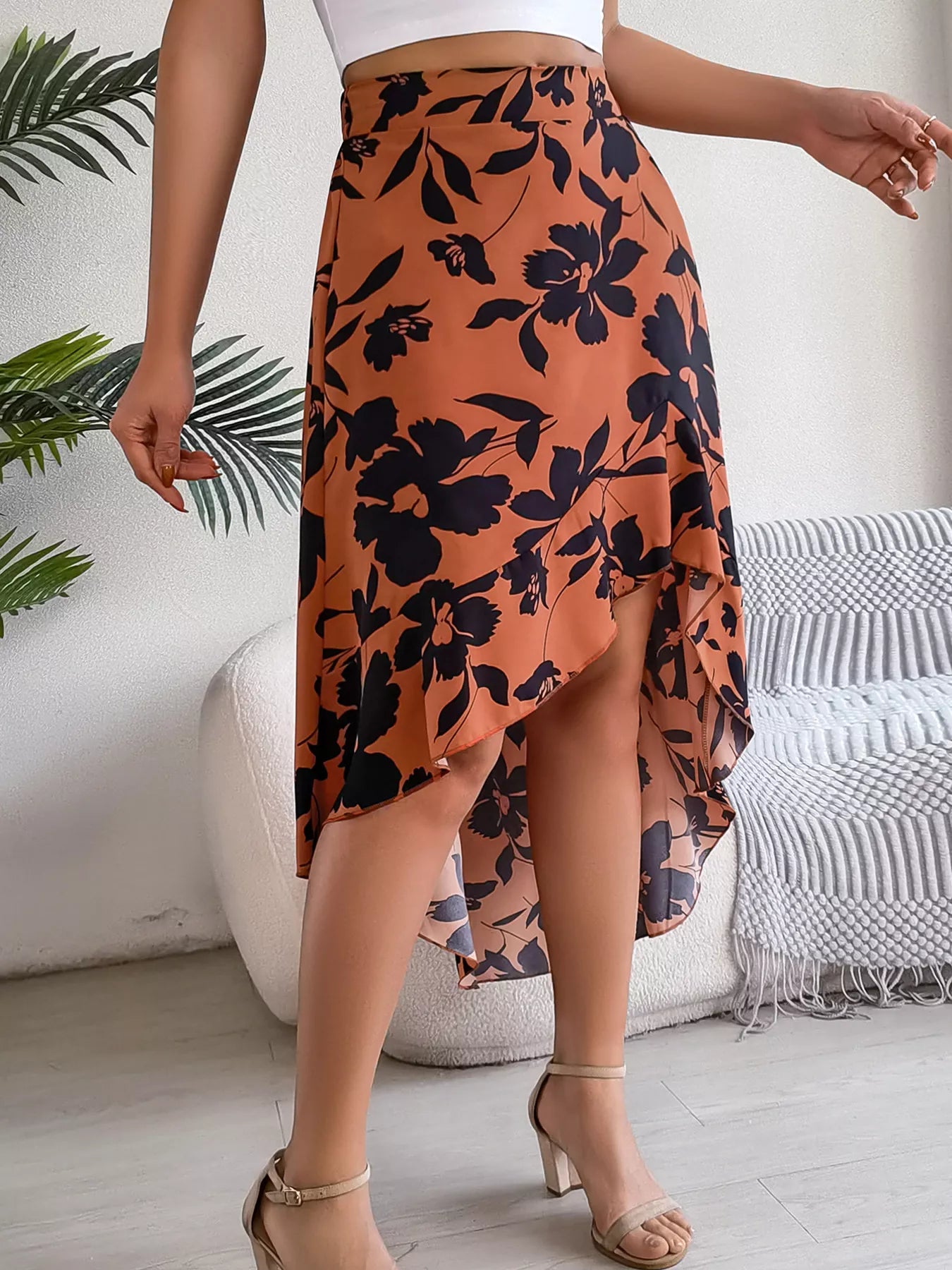 Floral Print Ruffle Hem Asymmetrical Skirt