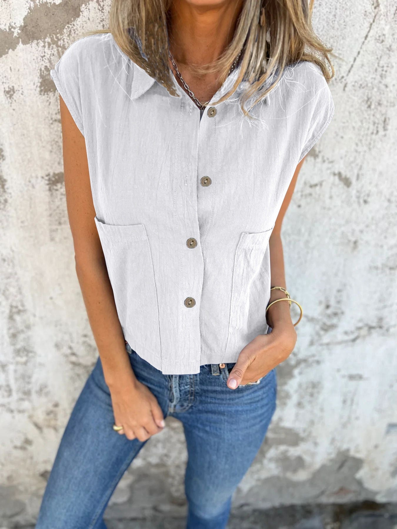 Button-Down Cap Sleeve Shirt