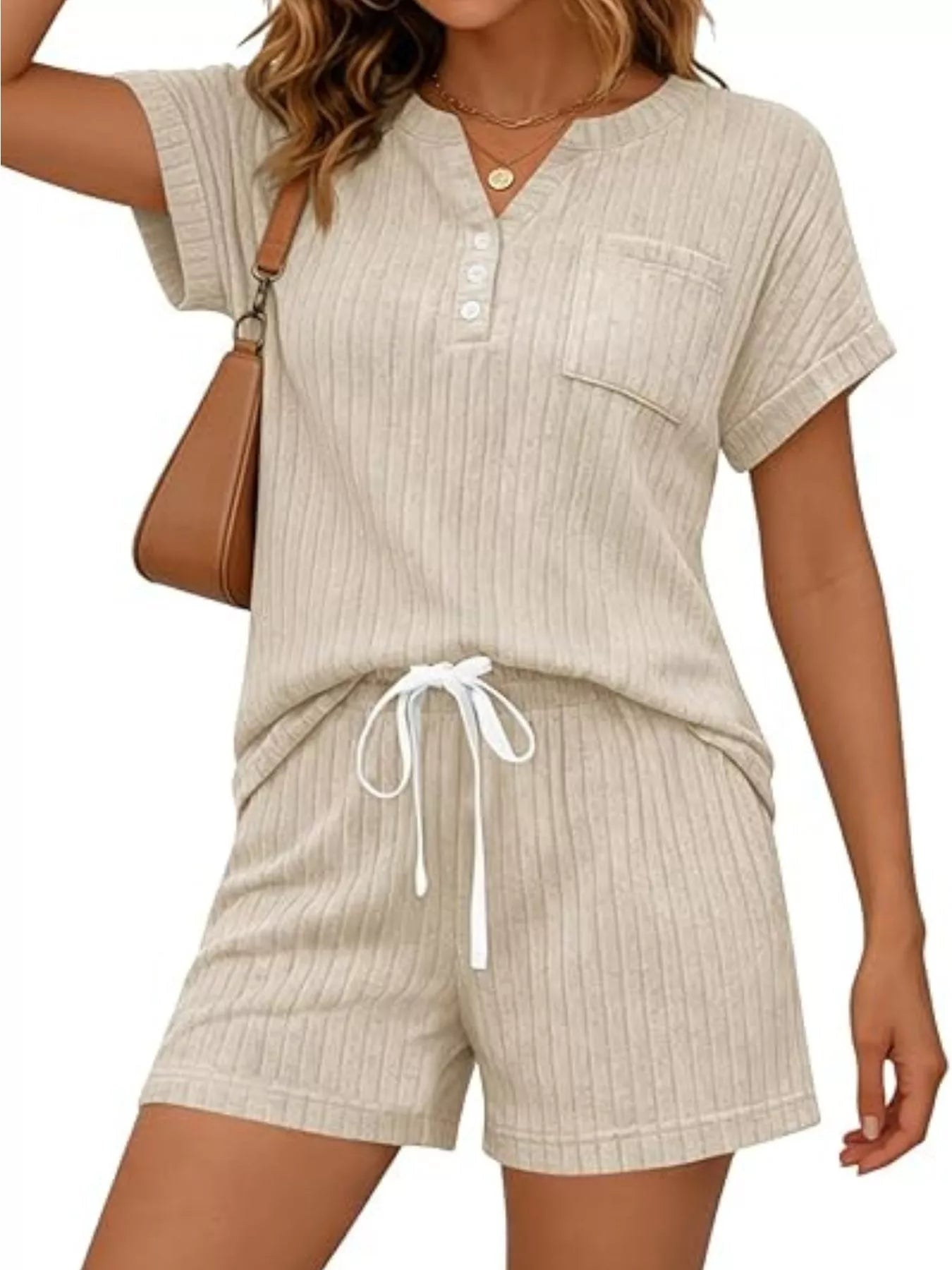 Casual Ribbed Knit Tee and Shorts Set