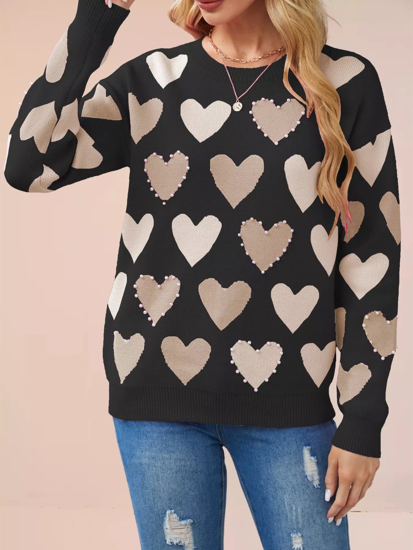 HEART PATTERN BEADED ROUND NECK SWEATER Sweaters