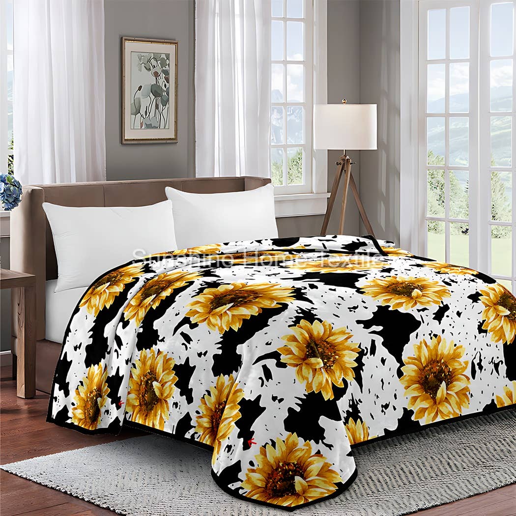 SUNFLOWER COW PRINT KING SIZE SUPER SOFT PLUSH BLANKET Blanket