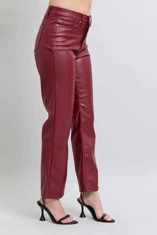 Judy Blue Full Size High Waist Tummy Control Faux Leather Straight Pants Plus Size