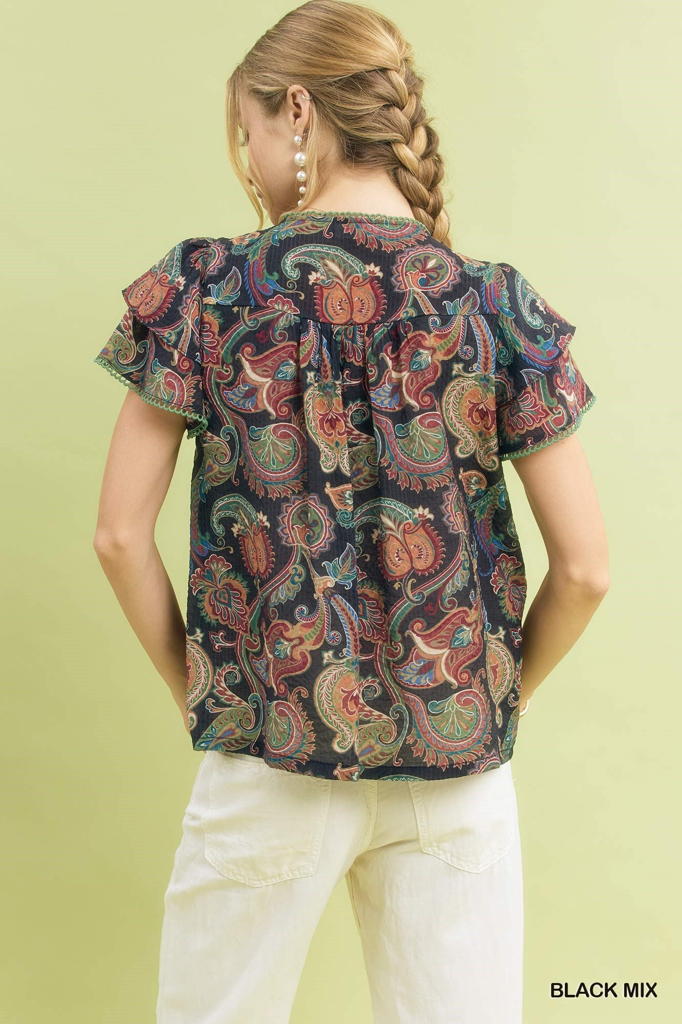 Umgee Mix Paisley Ruffle Sleeve Top