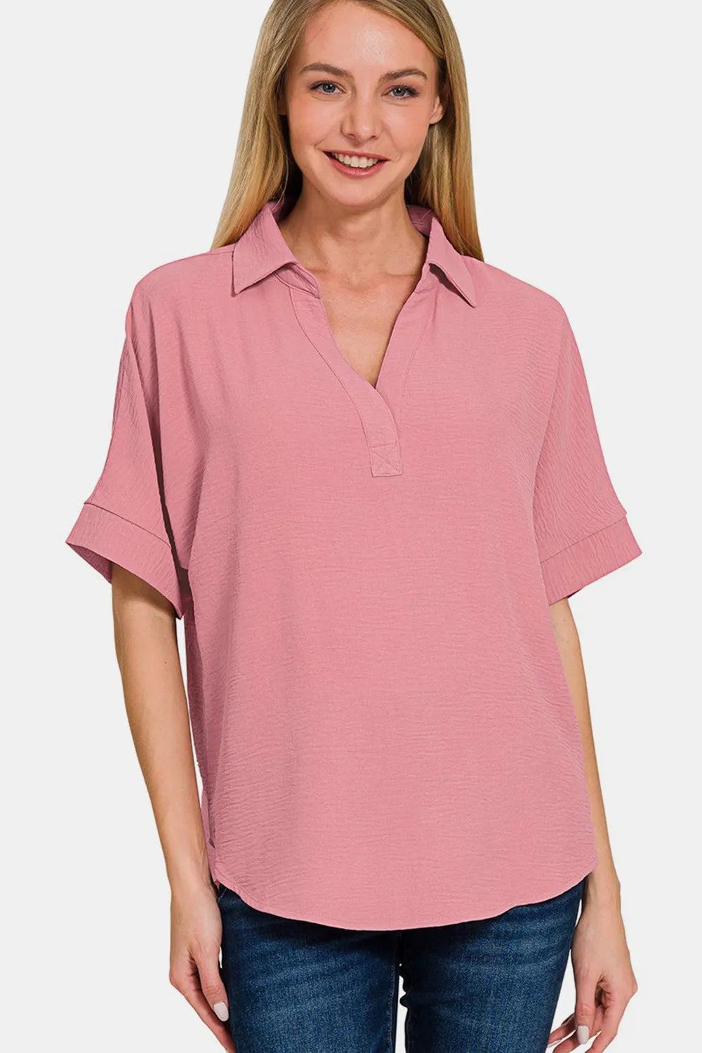 Zenana Texture Collared Neck Short Sleeve Top Clothing
